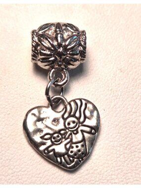 Silver Tone Heart Charm With Childrens Design For Bracelets Or Necklaces